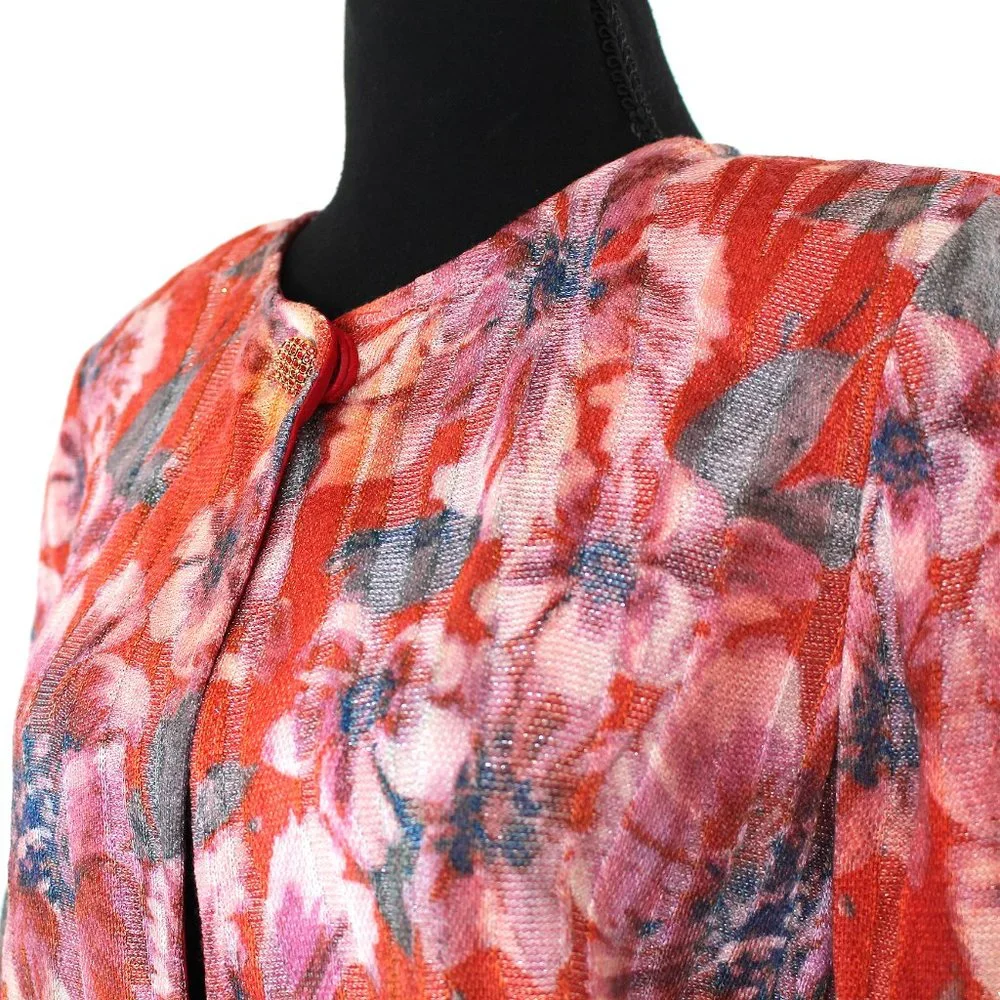 St. John Ribbed Red Abstract Floral Pattern Rhinestone Button Sweater Cardigan 4 - Picture 3 of 7